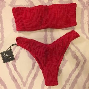 Red Smocked Bandeau High Cut Cheeky Bikini
